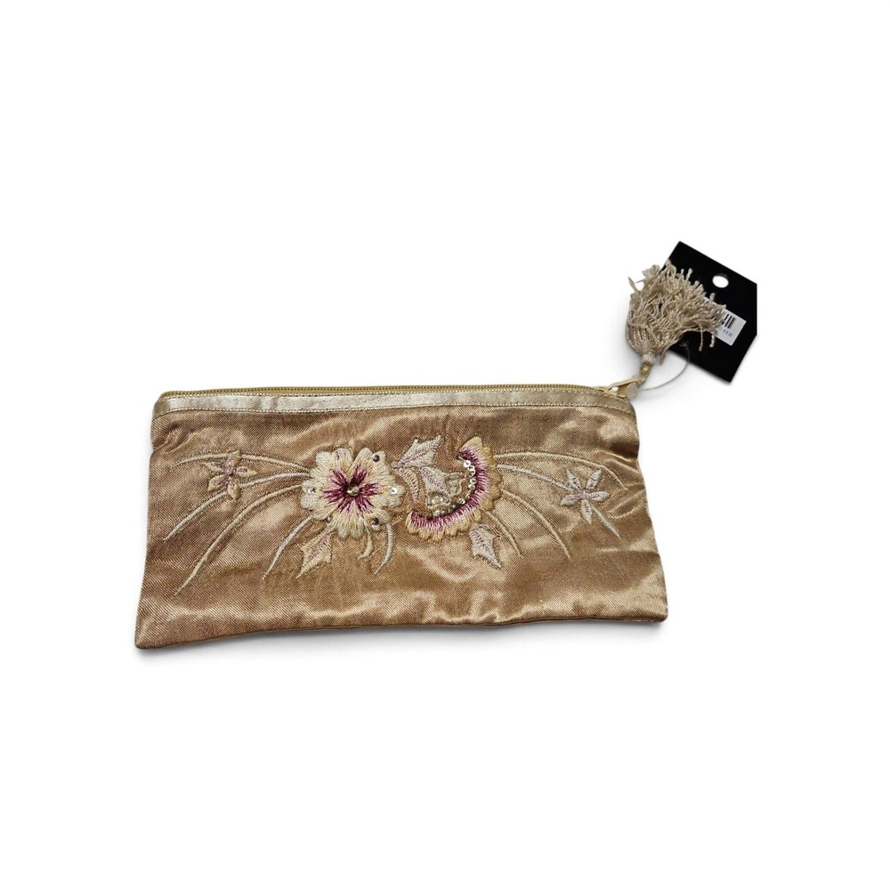 Accessorize Gold Satin Floral Embroidered Tassel Pouch Clutch Bag NWT 490244